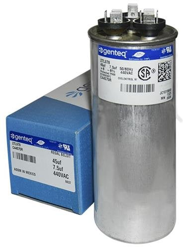 AAON - 45 + 7.5 uF MFD x 440 VAC Genteq Replacement Dual Capacitor Round # C44575R / 27L978